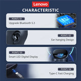 Lenovo Bluetooth 5.3 TWS Wireless Earbuds Sports Waterproof HiFi Mic