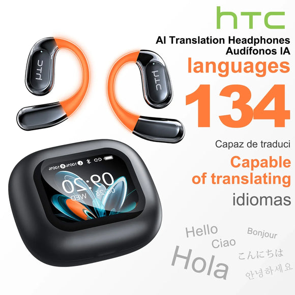 HTC AI Translator Wireless Earbuds | Bluetooth Sports Earphones w/ Glowing Earhook & Screen